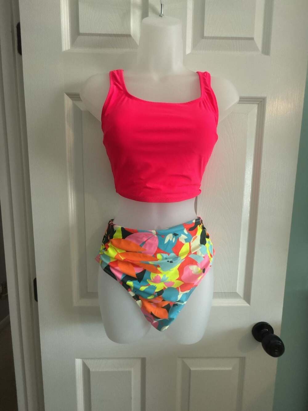 Popvil Tankini Swimsuit Set Pink Floral Crop Top High Waist Bottom